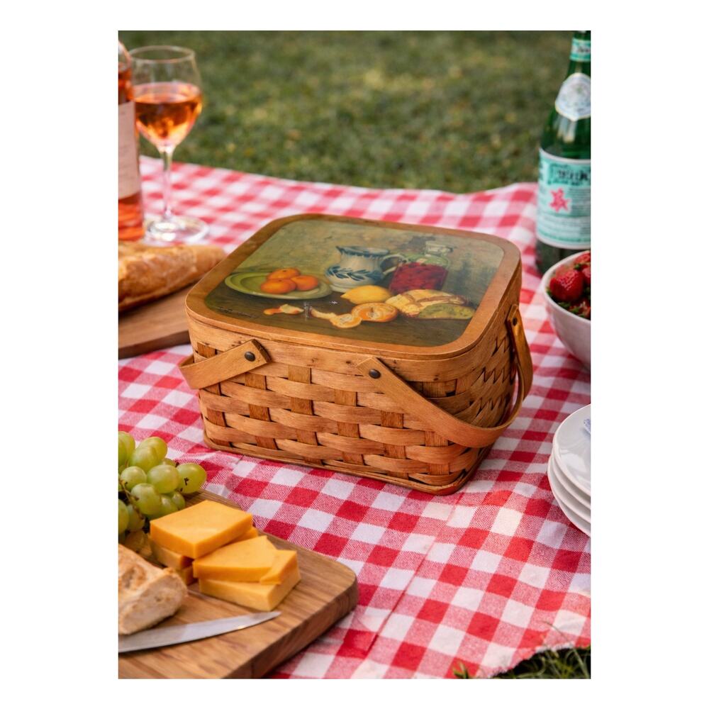 Vintage Picnic Basket w/ Beautiful Still Life Print on Cover 14" W x 11"D x 5" H